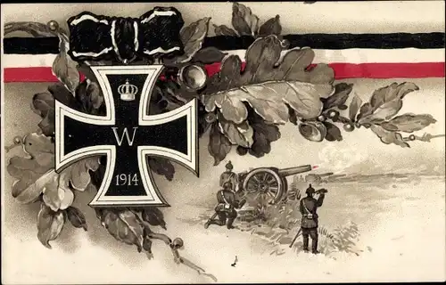 Ak Eisernes Kreuz, Kaiserliche Fahne, Eichenlaub, Kanone