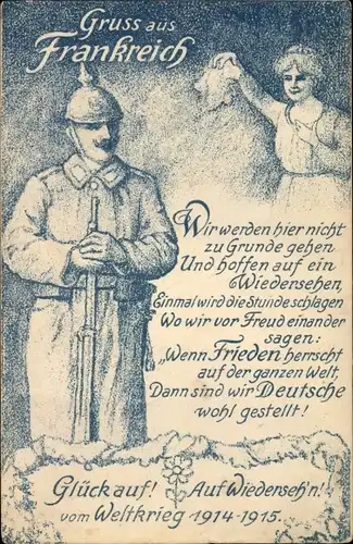 Künstler Gedicht Ak Gruss aus Frankreich, Frau winkt zum Abschied, Soldat mit Pickelhaube