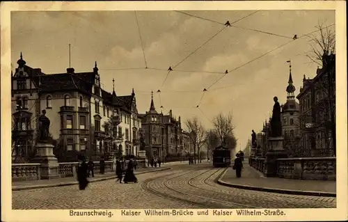 Ak Braunschweig in Niedersachsen, Kaiser Wilhelm Brücke und Straße, Straßenbahn