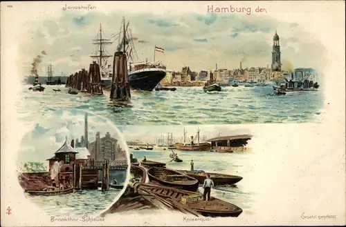 Litho Hamburg Mitte Altstadt, Jonashafen, Kaiserquai, Brookthor Schleuse