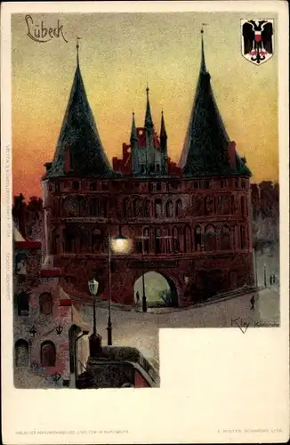 Künstler Litho Kley, Heinrich, Lübeck, Partie am Holstentor, Panorama