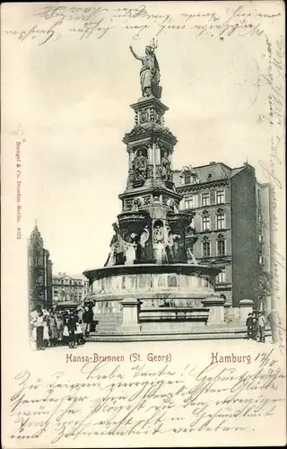 Ak Hamburg Mitte St. Georg, Hansa Brunnen, Statuen
