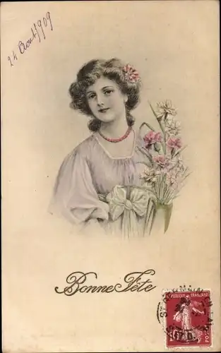 Ak Junge Frau, Portrait, Blumen, Glückwunsch