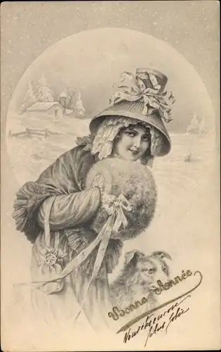 Ak Glückwunsch Neujahr, Junge Frau mit Hund, Munk
