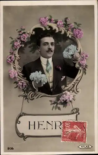 Buchstaben Ak Vorname Henry, Mann-Portrait, Blumen
