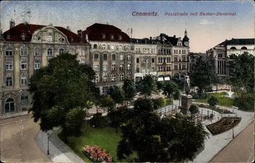 Ak Chemnitz in Sachsen, Poststraße mit Becker Denkmal, Fontäne