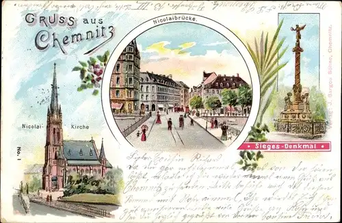 Litho Chemnitz Sachsen, Nicolai Kirche, Nicolaibrücke, Sieges Denkmal