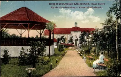 Ak Königsbrück Oberlausitz, Truppenübungsplatz, Neues Lager, Kgl. Garnison-Verwaltung, Musikpark