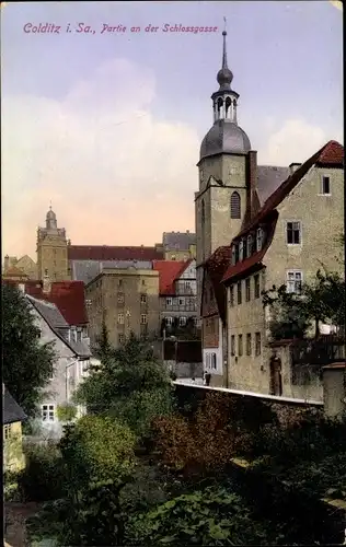 Ak Colditz in Sachsen, Kirchturm, Partie an der Schlossgasse