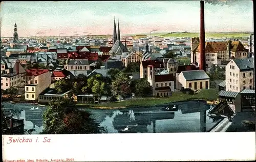 Ak Zwickau in Sachsen, Blick auf Stadt und Kirche, Schornstein