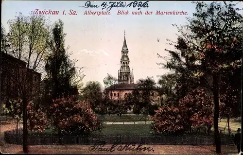 Ak Zwickau Sachsen, Partie am Albertplatz, Marienkirche