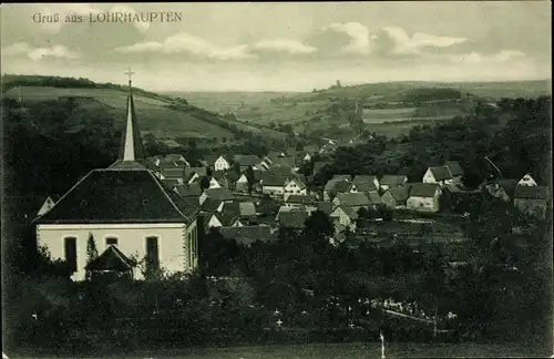 Ak Lohrhaupten Flörsbachtal im Spessart, Panorama, Kirche