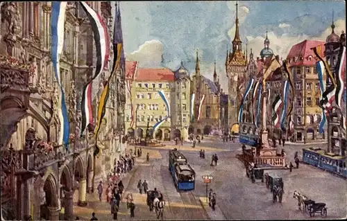 Ak München, Marienplatz, altes Rathaus, Im Flaggenschmuck, Denkmal, Straßenbahn, Kutsche