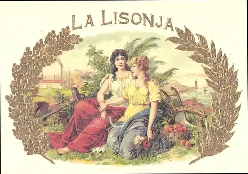 Ak La Lisonja, Cigar Labels, Reklame, Frauen mit landwirtschaftlichen Geräten, Sichel