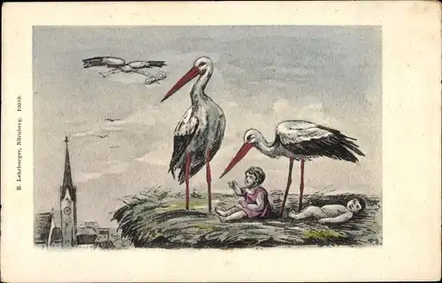 Künstler Ak Störche mit Babys im Nest