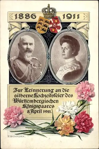 Ak König Wilhelm II. von Württemberg, Marie zu Waldeck und Pyrmont, Silberhochzeit 1911, Wappen