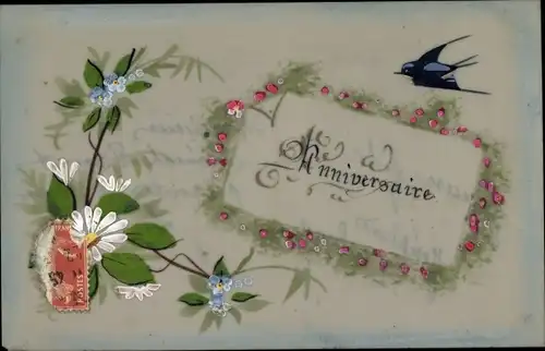 Zelluloid Ak Glückwunsch Geburtstag, Anniversaire, Blumen, Schwalbe