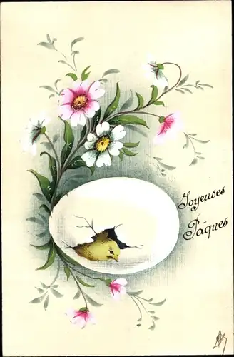 Litho Glückwunsch Ostern, Küken, Eierschale, Blumen