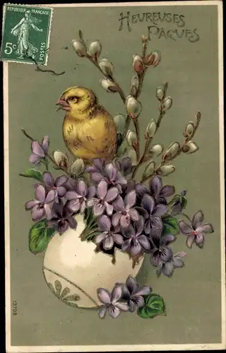 Präge Litho Glückwunsch Ostern, Küken, Eierschale, Veilchen, Weidenkätzchen