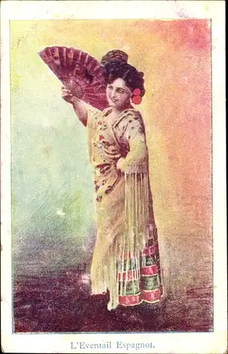 Ak L'Eventail Espagnol, Frau in spanischen Trachten, Fächer