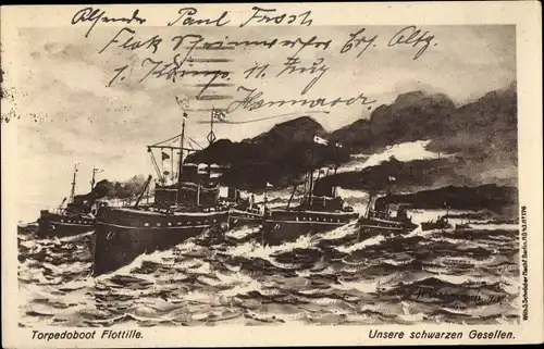 Künstler Ak Deutsche Kriegsschiffe, Torpedoboot Flotille, Unsere schwarzen Gesellen