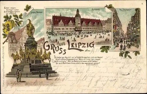 Litho Leipzig in Sachsen, Siegesdenkmal, Rathaus, Petersstraße