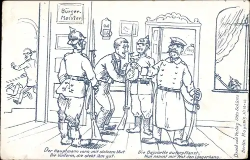 Ak Der Hauptmann vorn mit stolzem Mut, nun nehmt mir fest den Langerhans, Hauptmann von Köpenick ?