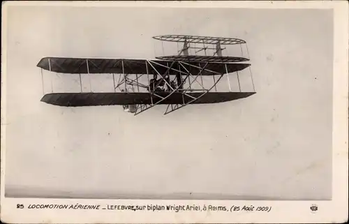 Ak Reims Marne, Locomotion Aerienne, Lefebre sur biplan Wright Ariel 1909