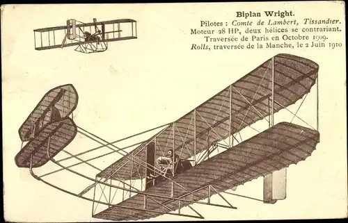 Ak Biplan Wright, Comte de Lambert, Tissandier, Doppeldecker