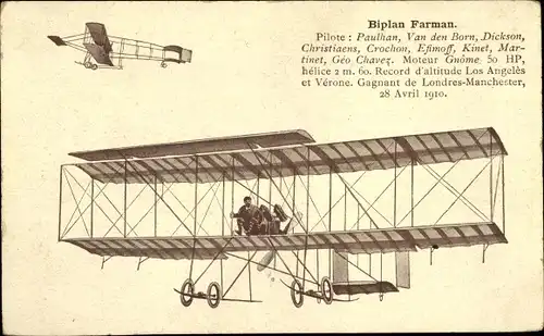 Ak Biplan Farman, Moteur Gnome, Flugpioniere, Pilote Paulhan, Van den Born, Dickson, Crochon