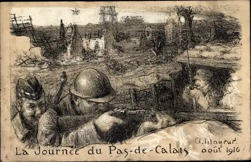 Künstler Ak La Journee du Pas de Calais 1916, Soldaten im Schützengraben, Schotte, I WK