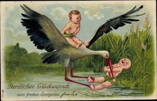 Präge Litho Glückwunsch Geburt, Storch bringt Kinder