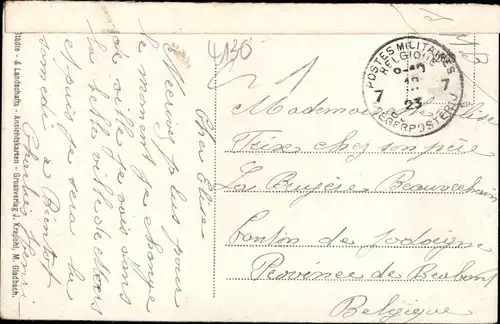 Ak Moers, Partie am Postamt, Straßenbahn, Gleise, Häuserfassade