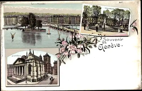 Litho Genève Genf Schweiz, L'Universite, La Cathedrale, Blick auf die Stadt