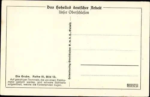 Ak Oberschlesien, Fördermaschine, Das Hohelied deutscher Arbeit, Die Grube III 13