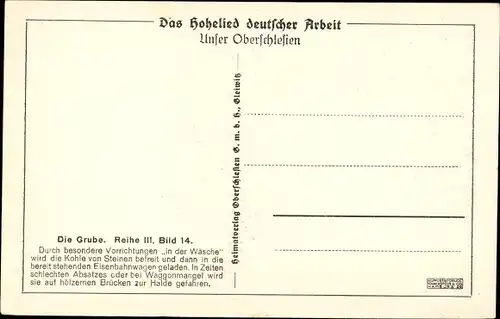 Ak Oberschlesien, Verladeanlage und Kohlenhalde, Das Hohelied deutscher Arbeit, Die Grube III 14