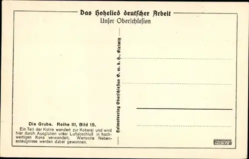 Ak Oberschlesien, In der Kokerei, Das Hohelied deutscher Arbeit, Die Grube III 15