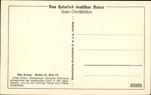 Ak Oberschlesien, Einspülen des Versatzgutes, Das Hohelied deutscher Arbeit, Die Grube IV 17