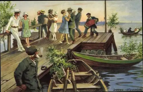Künstler Ak Nyström, Jenny, Glad Midsommar, Tanzende Paare auf Bootssteg