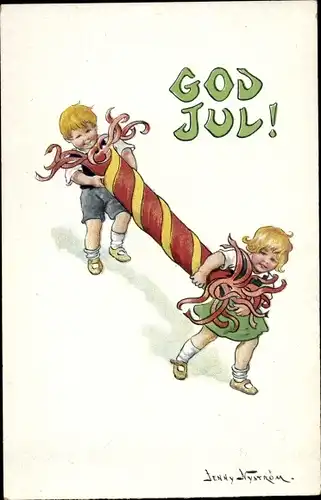 Künstler Ak Nyström, Jenny, God Jul, Weihnachten, Kinder mit Knallbonbon