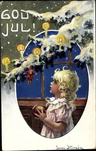 Künstler Ak Nyström, Jenny, God Jul, Weihnachten, Kind mit Apfel, Tannenbaum, Kerzen