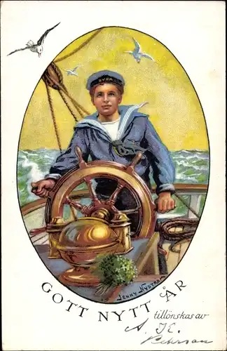 Künstler Ak Nyström, Jenny, Gott Nytt Ar, Neujahr, Schwedischer Seemann am Steuerrad