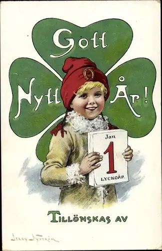 Künstler Ak Nyström, Jenny, Gott Nytt Ar, Neujahr, Kind mit Kalender, Kleeblatt
