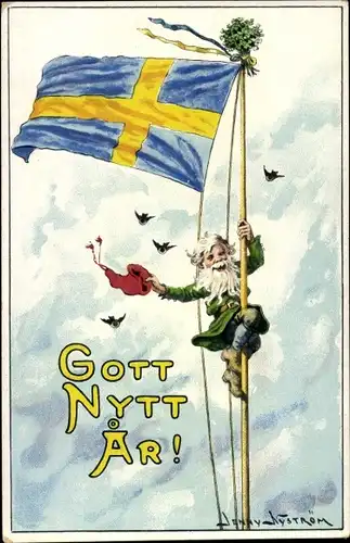 Künstler Ak Nyström, Jenny, Gott Nytt Ar, Neujahr, Zwerg an Fahnenmast, schwedische Flagge