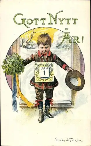 Künstler Ak Nyström, Jenny, Gott Nytt Ar, Neujahr, Kind mit Kalender, Kleeblätterstrauß