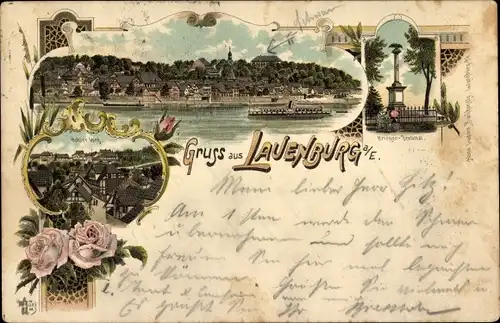 Litho Lauenburg an der Elbe, Kriegerdenkmal, Blick auf den Ort, Rosen