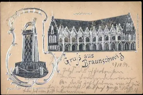 Präge Litho Braunschweig in Niedersachsen, Altstädter Rathaus, Löwendenkmal