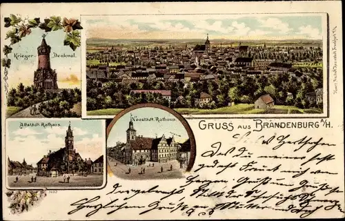 Litho Brandenburg an der Havel, Kriegerdenkmal, Rathäuser, Blick über den Ort