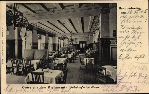 Ak Braunschweig in Niedersachsen, Restaurant Brüning's Saalbau, Innenansicht