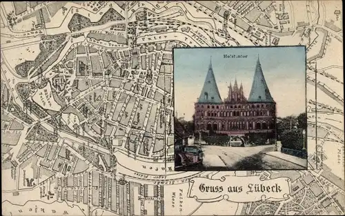Stadtplan Passepartout Ak Lübeck in Schleswig Holstein, Holstentor